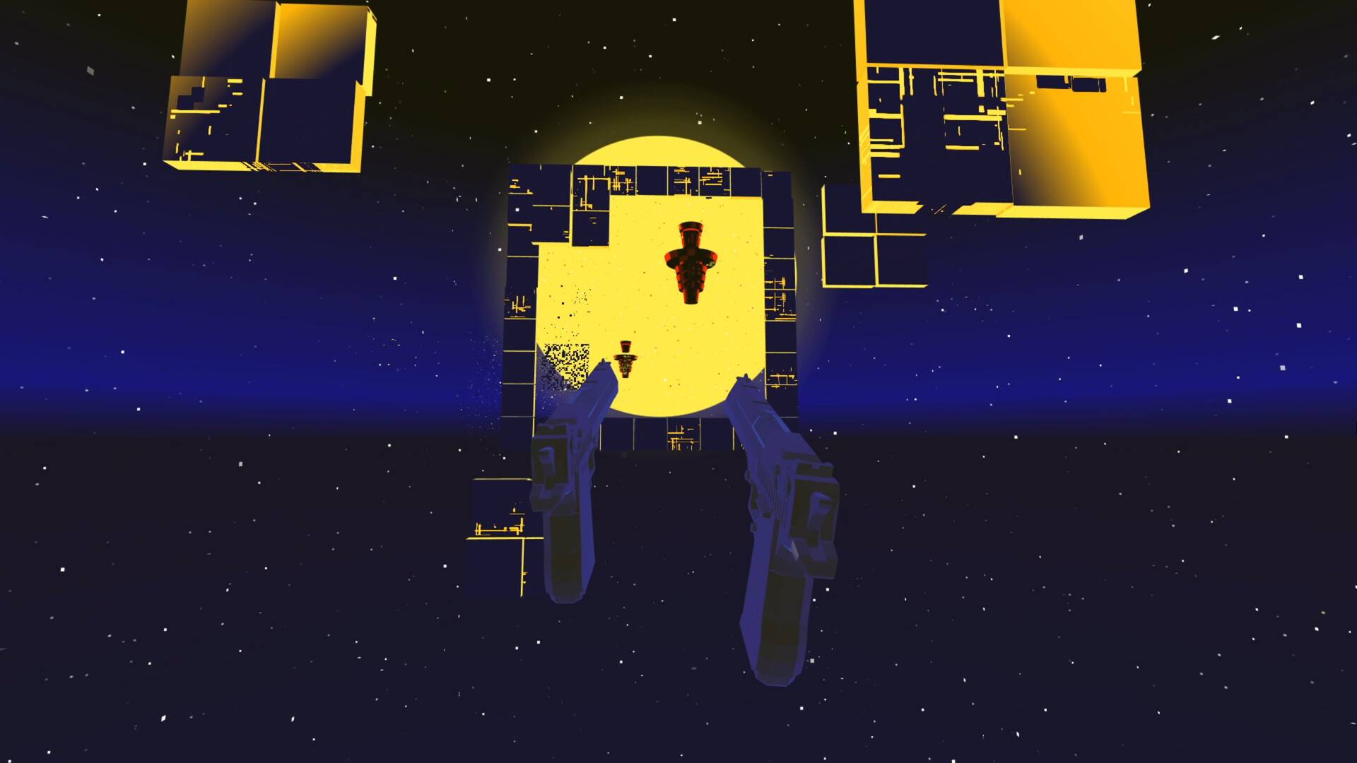 Void Ninja VR gameplay: aiming a pair of pistols through a golden gateway at enemies silhouetted against the sun