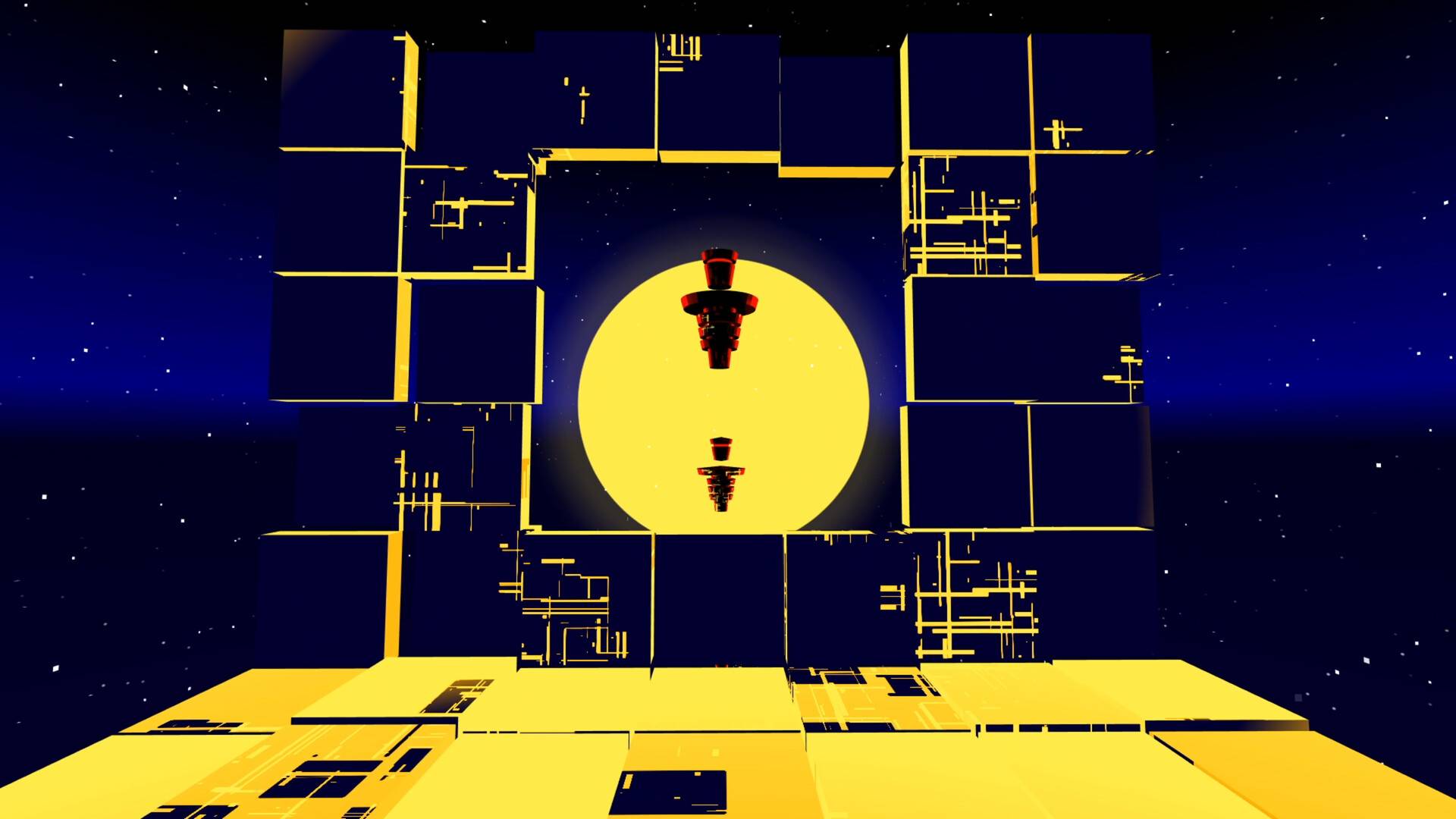 Void Ninja VR gameplay: enemies hovering inside a square portal of golden blocks in front of a huge yellow sun