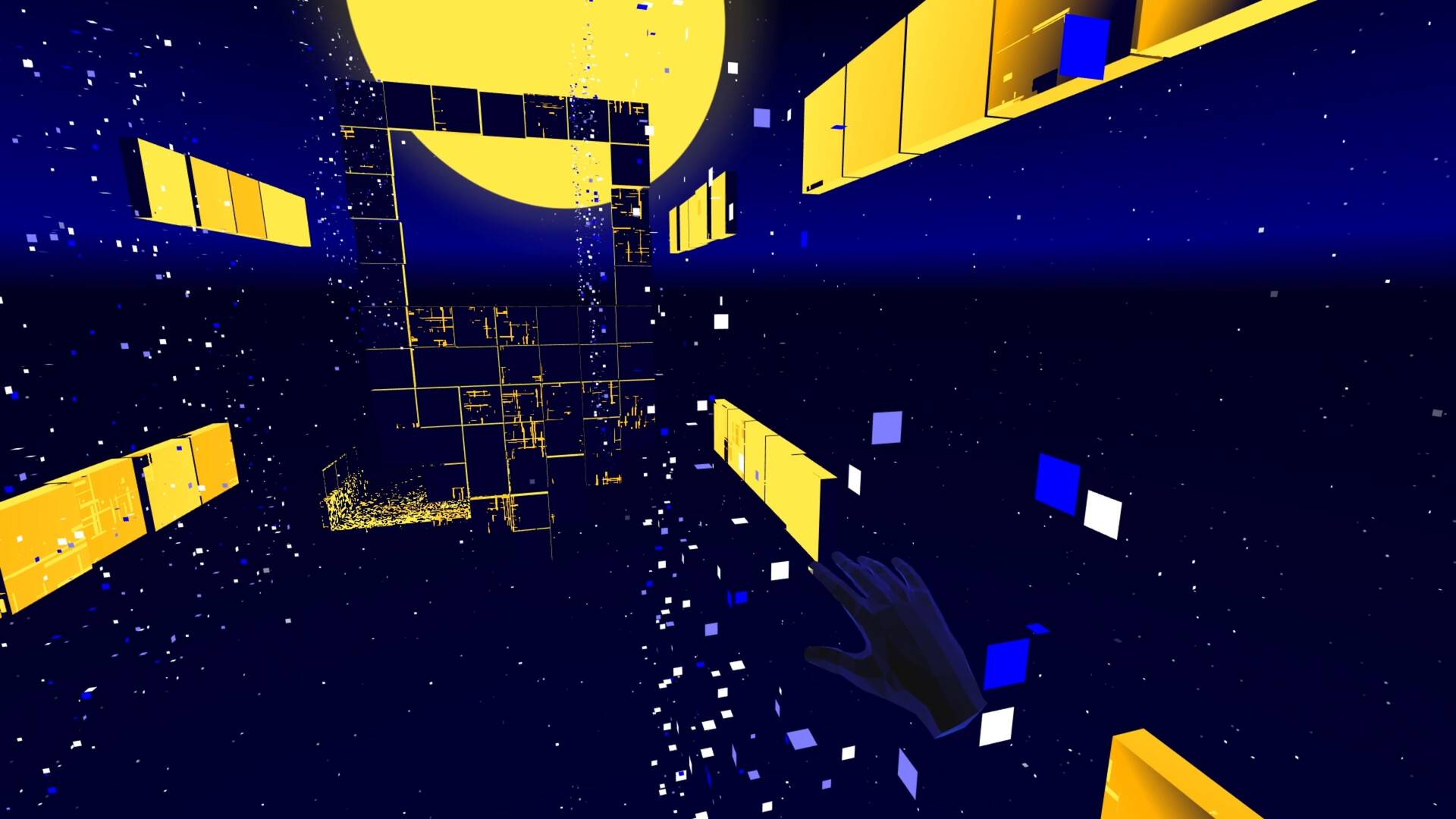 Void Ninja VR gameplay: jet-powered flight between floating golden blocks in deep space