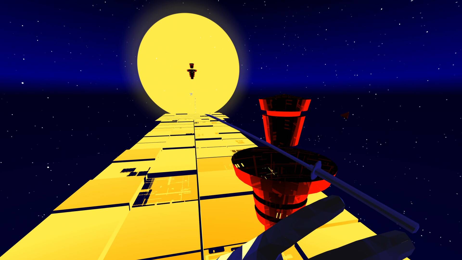 Void Ninja VR gameplay: katana in hand beside red enemy towers on a golden path leading to the sun