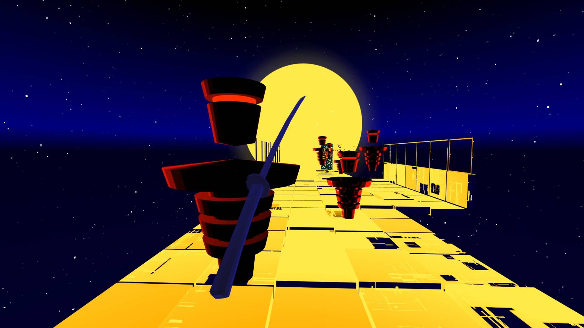 Void Ninja VR gameplay: running a golden tiled path through space with a katana raised toward red-banded tower enemies