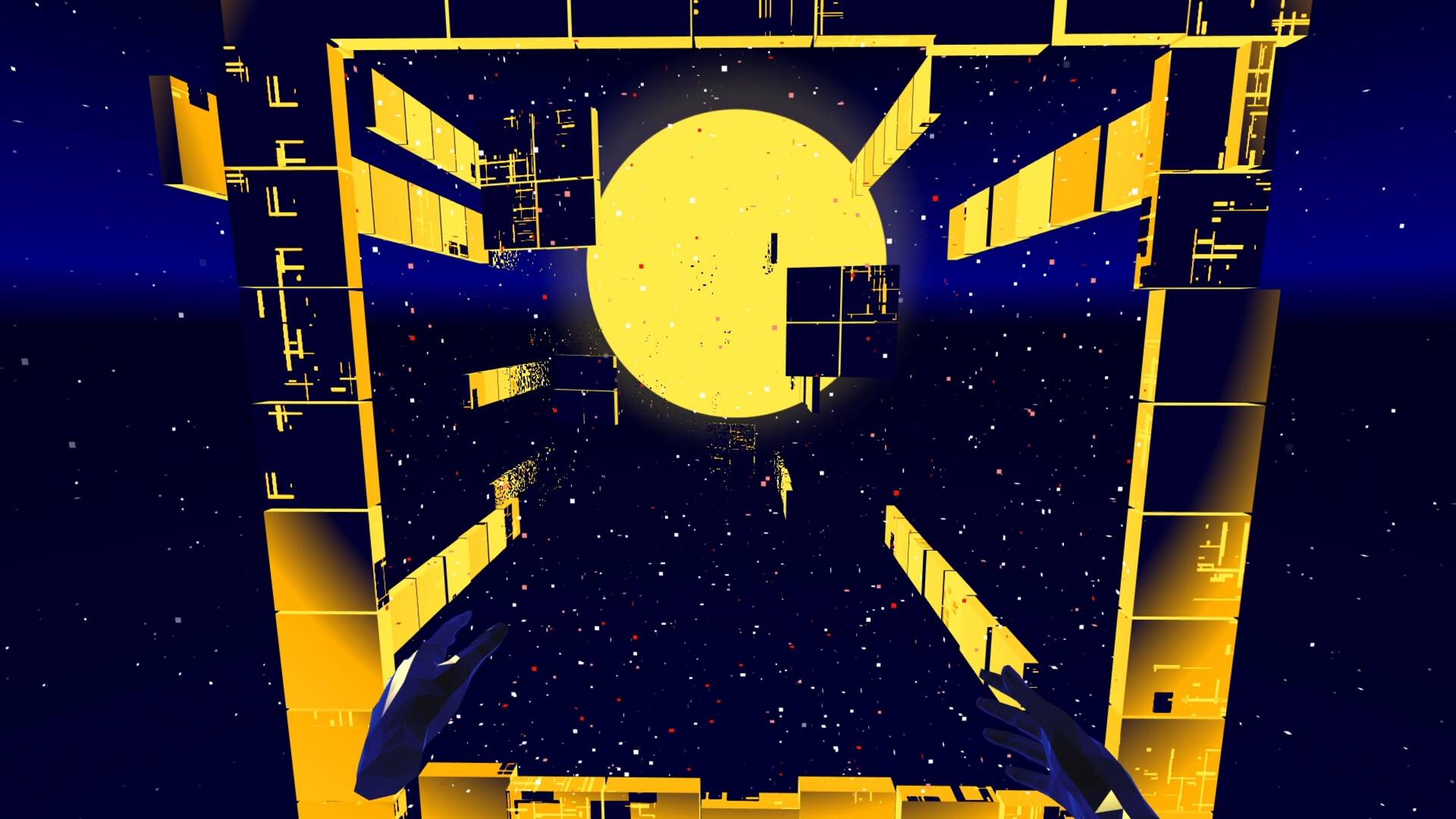 Void Ninja VR gameplay: diving down a tunnel of golden blocks toward a giant sun